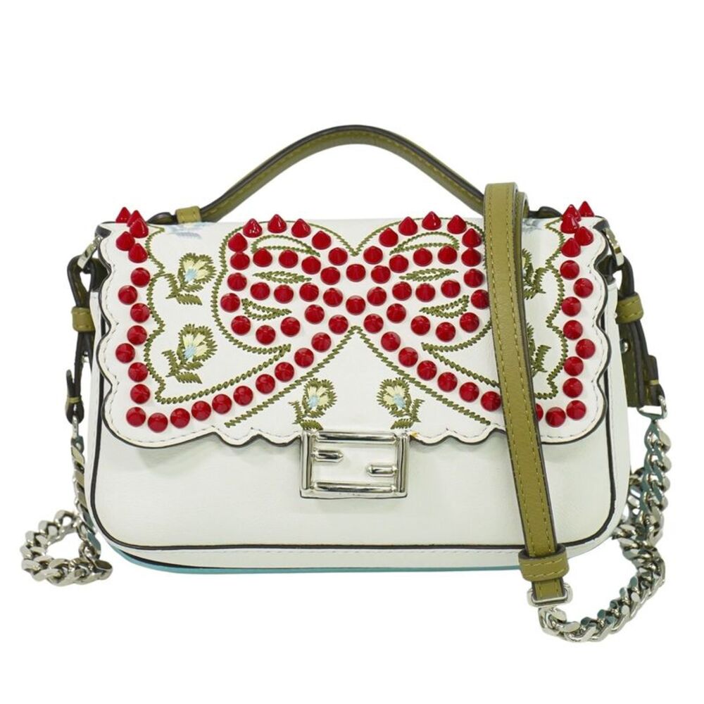 Fendi Double Baguette Embroidered Studded Leather White Leather Shoulder Bag Bag